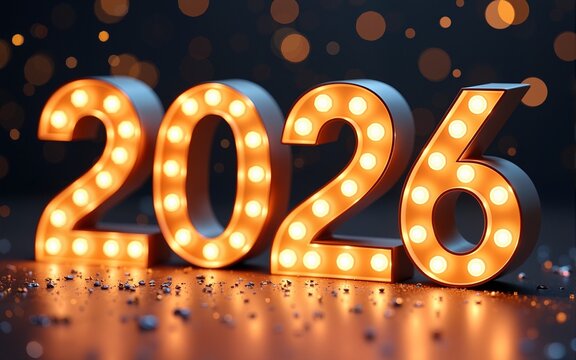 3D metallic Happy New Year 2026 letters with glowing LED edges, party confetti background. High quality