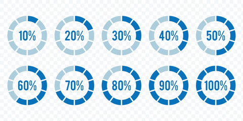 Pie chart set, Circle icons for infographic. Percentage infographics elements. Round diagrams icons for infographics from 10 to 100 percent. eps 10