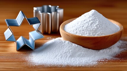 Close-up of a star-shaped cookie cutter and flour in a wooden bowl on a wooden table. Baking concept.