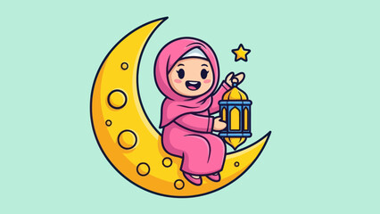 Naklejka premium A smiling cartoon girl in a pink hijab sits on a crescent moon, holding a lantern and star.