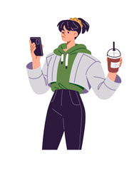 Lost girl reads online news, messages on smartphone. Young woman hold cup of coffee and with confused face scrolls social networks on phone. Flat isolated vector illustration on white background