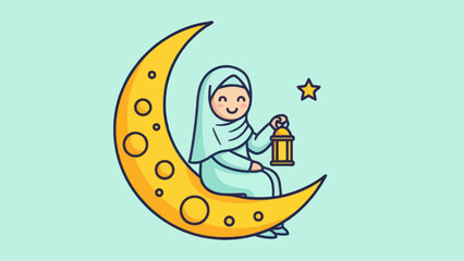 A cheerful cartoon Muslim girl wearing a hijab sits on a golden crescent moon, holding a traditional lantern, with a small star nearby.