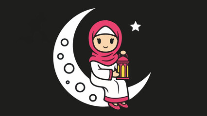 A cartoon girl in a hijab sits on a crescent moon, holding a lantern.