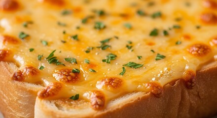 Closeup of delicious goldenbrown cheesy toast, freshly baked and topped with vibrant green parsley, offering a warm and inviting snack or breakfast