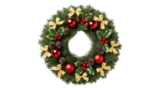 Festive christmas wreath with holly, red baubles, pine cones, and gold bows for holiday decoration
