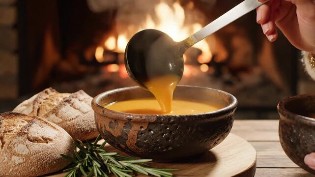 A Heartwarming Scene: Serving Soup with Bread and Fireplace in a Cozy, Rustic Setting
