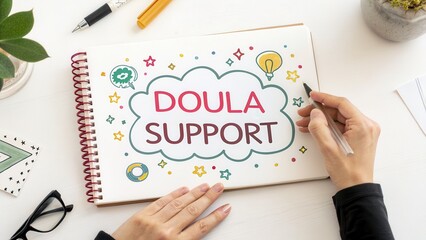 Hands drawing doodles labeled Doula Support in a notebook
