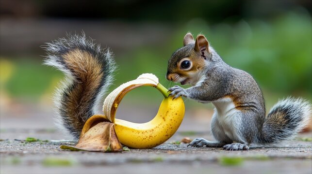 A cute gray squirrel is examining a banana outdoors, with a blurred green background. - Powered by Adobe
