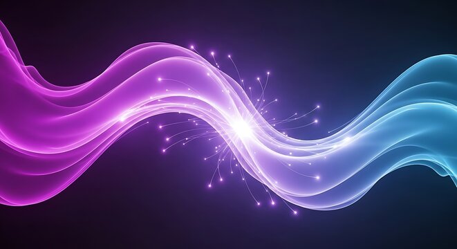 Abstract Glowing Wave with Particle Effects in Purple and Blue Gradient on Dark Background Represents Modern Technology and Connectivity