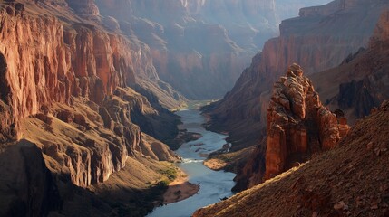 Deep canyon with winding river, sunlight bouncing off red and orange rock walls