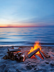 Fototapeta premium Campfire on beach at sunset with stacked firewood by the water's edge