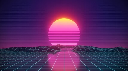Retrowave neon sunset virtual landscape grid Vector