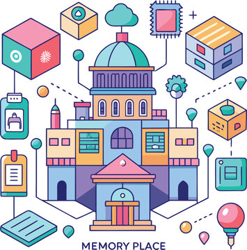 Memory palace mnemonic technique concept illustration with stylized building and digital icons for knowledge management