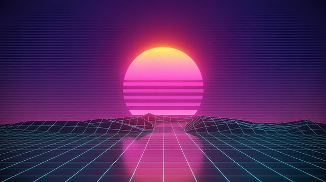 Retrowave neon sunset virtual landscape grid Vector