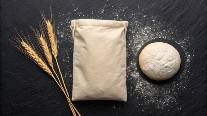 A burlap bag of flour sits next to a round loaf of bread and wheat stalks on a dark surface, highlighting baking essentials.