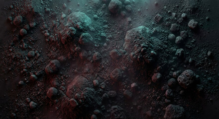 Dramatic asteroid surface with teal and red lighting for sci-fi illustration concepts
