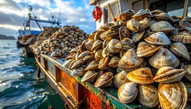 Large pile of harvested geoduck clams on a fishing boat deck