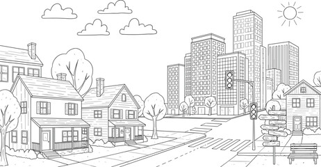 Sketch of Suburban Residential Houses, Road, Traffic Light, Crosswalk, and Downtown Skyscraper Buildings. Black and White Urban Landscape.