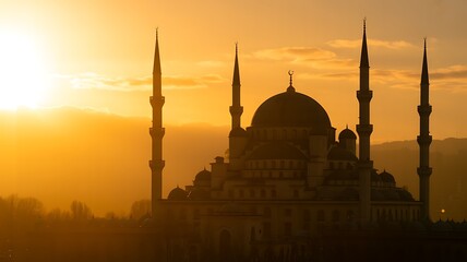 Mosque silhouette against golden morning glow Vector