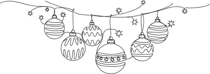 Minimal One Line Christmas Card with Hanging Baubles and Stars.