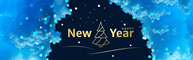 Modern New Year holiday banner in light blue color palette with frosted edges, snowy patches, elegant snowflakes, glowing particles, and a clean central zone featuring the &ldquo;Happy New Year&rdquo; message.