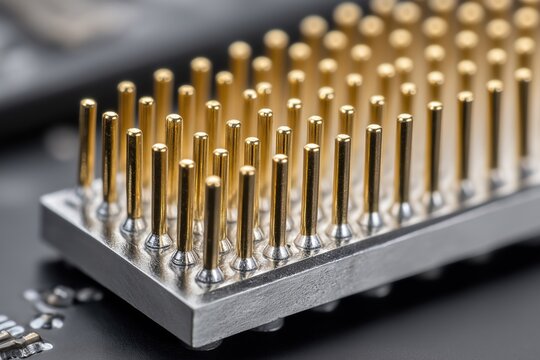 Macro view of gold-plated pin connector on circuit board with precise vertical alignment