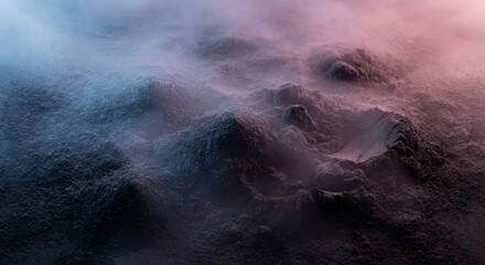 Dramatic terrain with fog and moody lighting creates a stunning abstract landscape