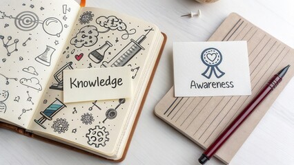 Open book with vaccine doodles and knowledge awareness card
