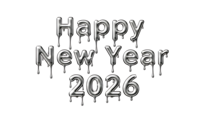 Happy new year 2026 metallic silver dripping liquid text effect, ideal for festive greetings and celebrations.