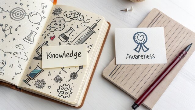 Open book with vaccine doodles and knowledge awareness card