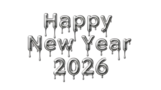 Happy new year 2026 metallic silver dripping liquid text effect, ideal for festive greetings and celebrations.