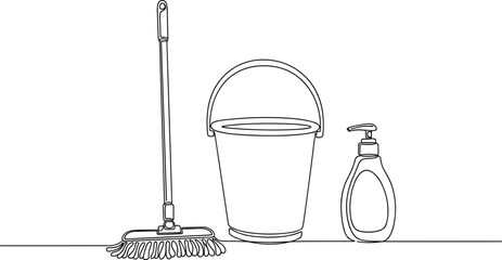 Minimal One Line Illustration of Cleaning Service Tools.