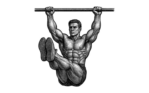 Strong man performing hanging leg raises in black and white etching style