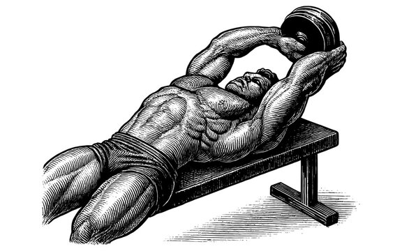 Intricate engraving of bodybuilder performing dumbbell pullover on bench