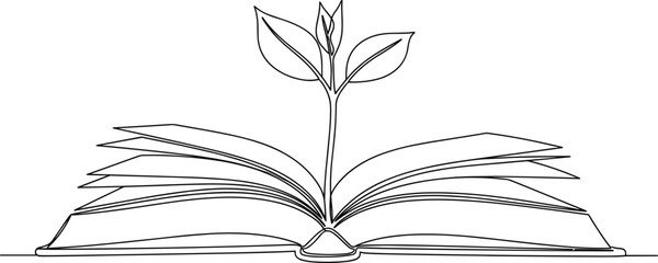 Minimal One Line Open Book with Growing Sprout.