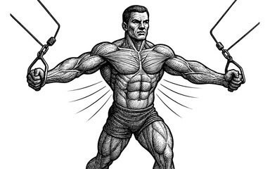 Fototapeta premium Vintage style engraved male bodybuilder exercising with cables