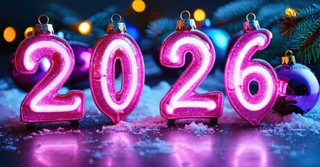 Bright pink ornaments display year 2026. Snowy surface reflects lights, creating festive holiday scene. Background features blurred decorations.