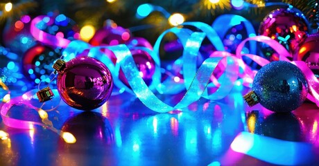 Bright ornaments, ribbons, lights create festive holiday scene. Vivid colors dominate dark background. Celebration, joy, sparkle.