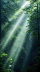 Obraz premium A beautiful forest scene with sunlight streaming through the trees, creating a mystical and serene atmosphere. The image showcases the natural beauty of the for