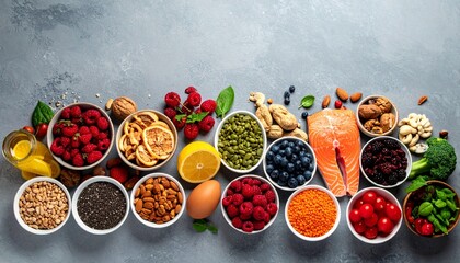 Assortment of antioxidant, rich, vitamin, packed health foods displayed on a neutral gray surface promoting age, defying diet ideas with room for copy