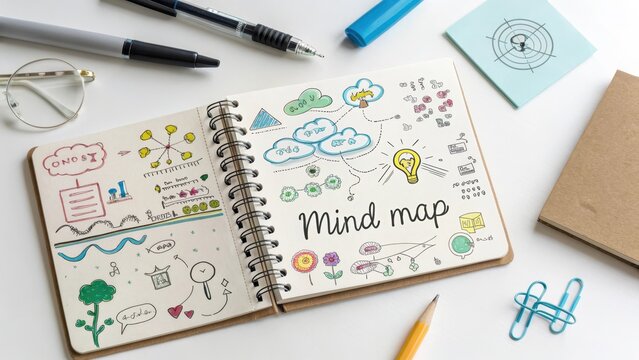 Open spiral notebook showing a mind map with doodles and notes
