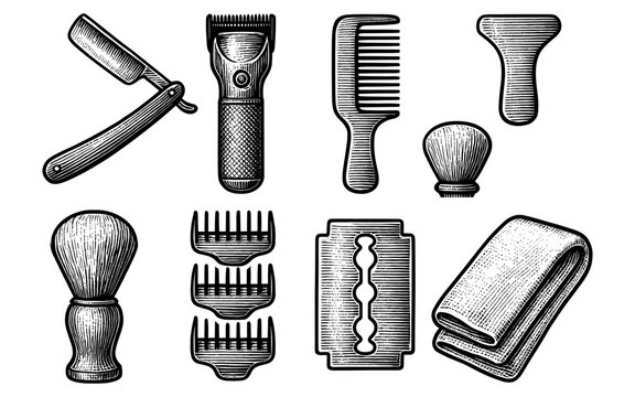 Vintage barber tools set in retro engraving style for classic grooming designs
