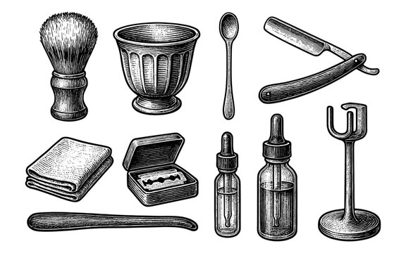Vintage barber tools hand drawn set highlighting shaving accessories and grooming essentials