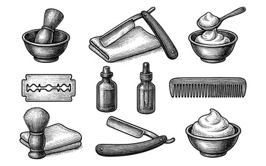 Vintage barber tools collection with engraved style elements for grooming and shaving