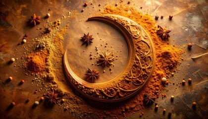 Ornate Golden Crescent Moon Motif with Spices and Henna Powder