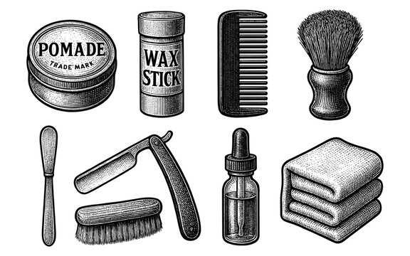 Vintage barber tools set in retro engraved style for grooming enthusiasts