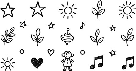 Naive Child Art Crayon Icons and Scribbles Set.