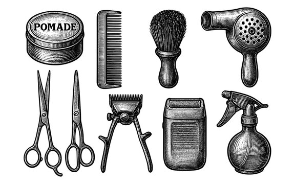 Vintage barber tools set with hairdresser accessories in engraved style