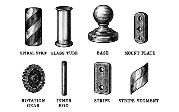 Vintage engraved mechanical parts collection with labels