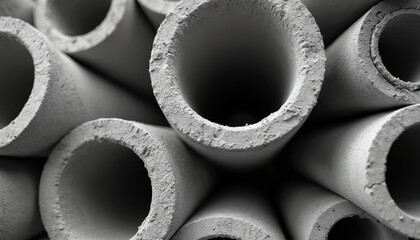 Stack of concrete pipes visible. Different sizes. Industrial design showcased. Construction, architectural projects need concrete. Grey pattern background on modern structure with detailed surface.